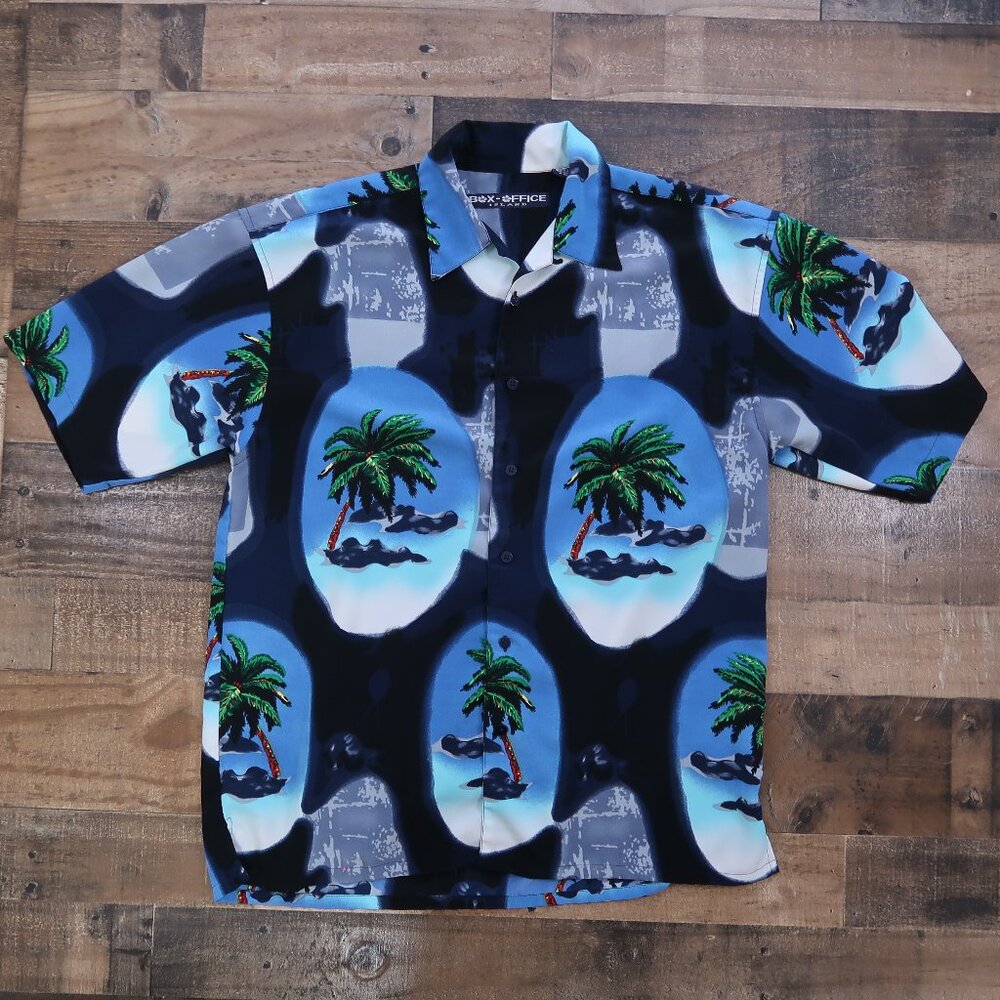 Box Office Mens Medium Palm Tree Hawaiian Shirt Short Sleeve Abstract